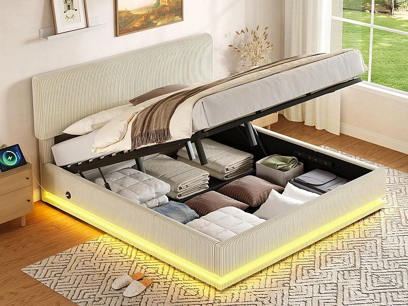 LUMA - Lit Coffre Rembourré 140x200 cm - Tête Réglable, LED, USB-C, Rangement - Velours Côtelé - Idéal Chambre à Coucher