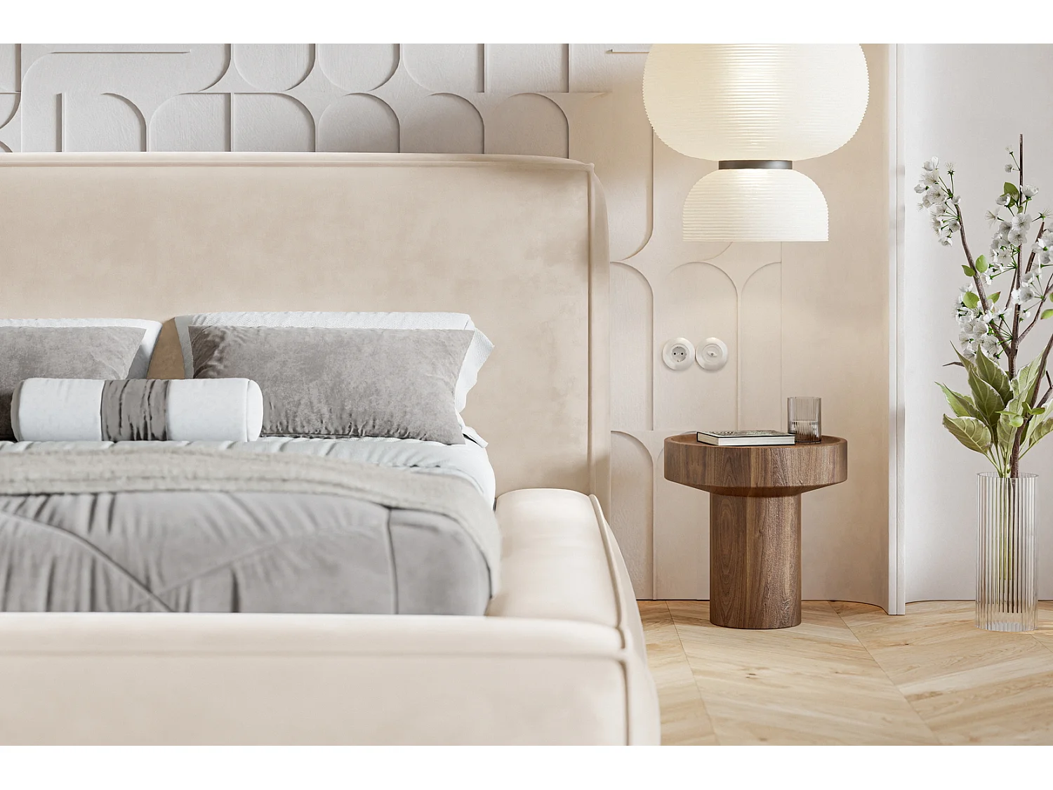 Gestoffeerd bed 160x200 Karano - fluweel, bed met opbergruimte, lattenbodem, Beige (Amor Velvet 4304)