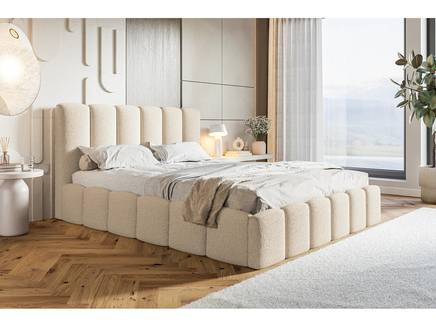 Gestoffeerd bed 180x200 Palermo met metalen lattenbodem - opbergruimte, Bouclé Beige (Anthology 3)