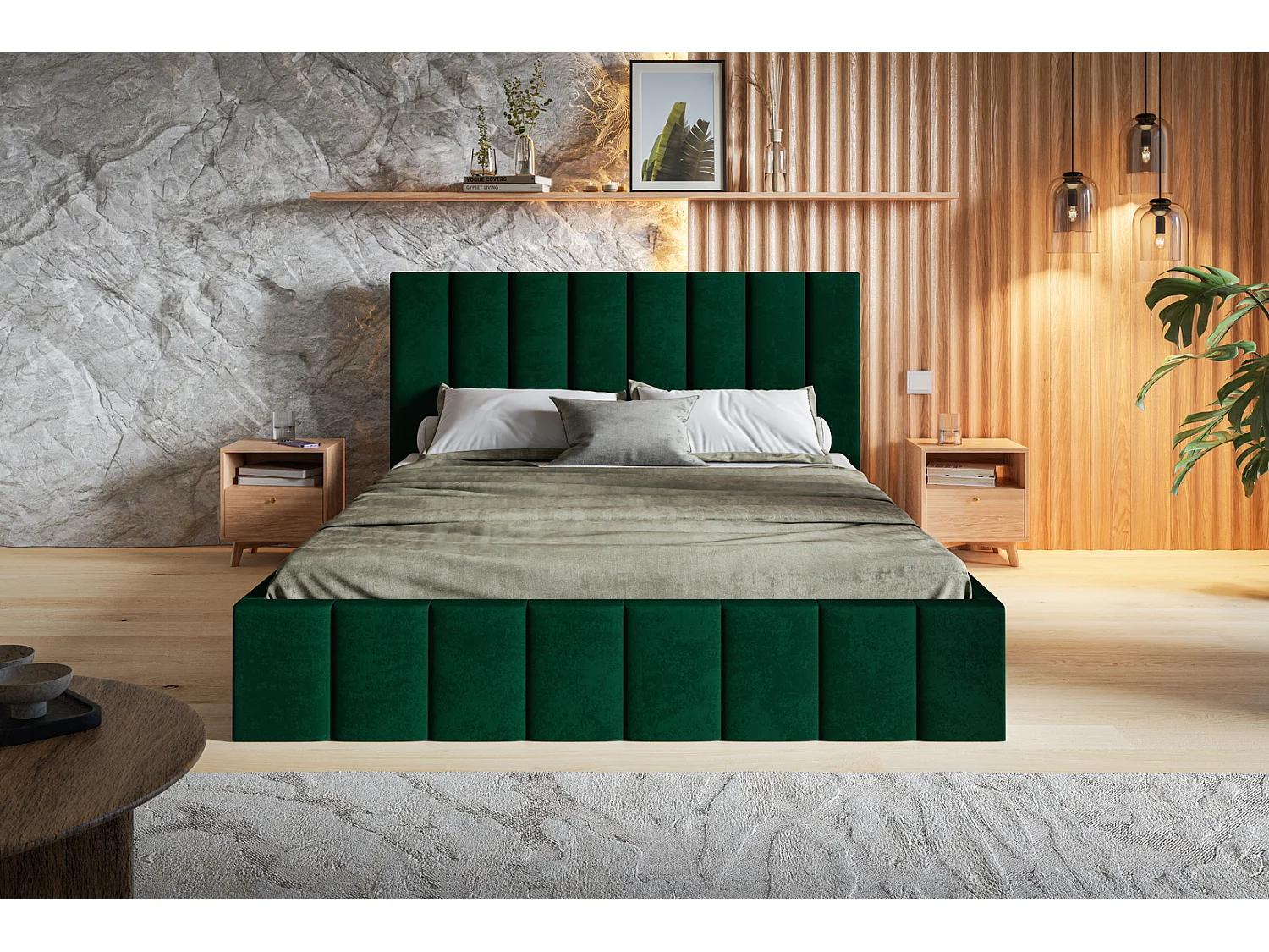 Tweepersoonsbed 180 x 200 cm Moris - bed met opbergruimte,  metalen lattenbodem - fluweel Groen (Kronos 19)