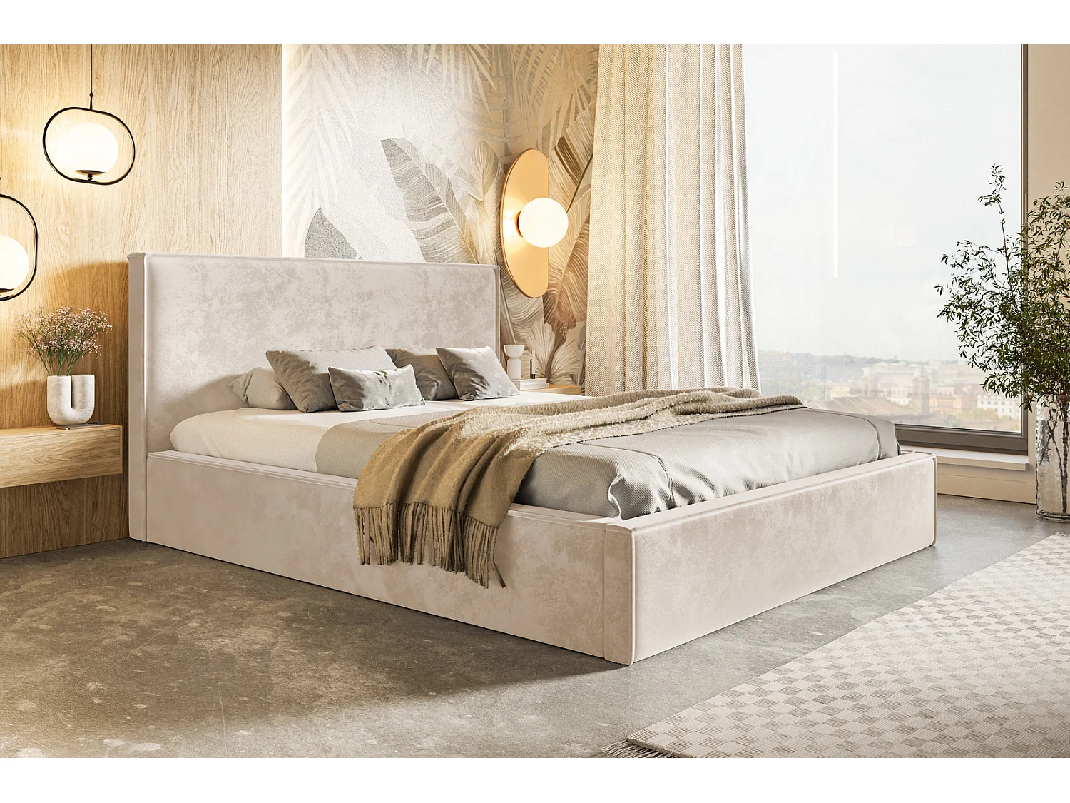 Gestoffeerd bed 140x200 Kyoto - tweepersoonsbed met opbergruimte - metalen lattenbodem, fluwelen Beige (Amor Velvet 4304)