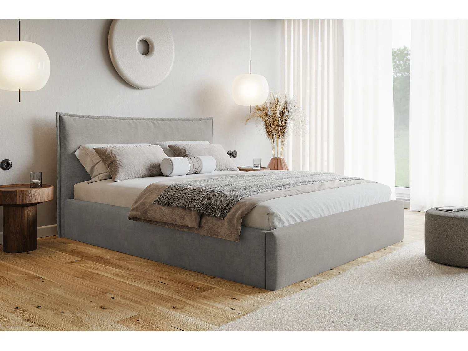 Bed 200x200 Zenito Slim met opbergruimte - hoofdbord in kussenvorm, metalen lattenbodem - Lichtgrijs (Amor Velvet 4318)