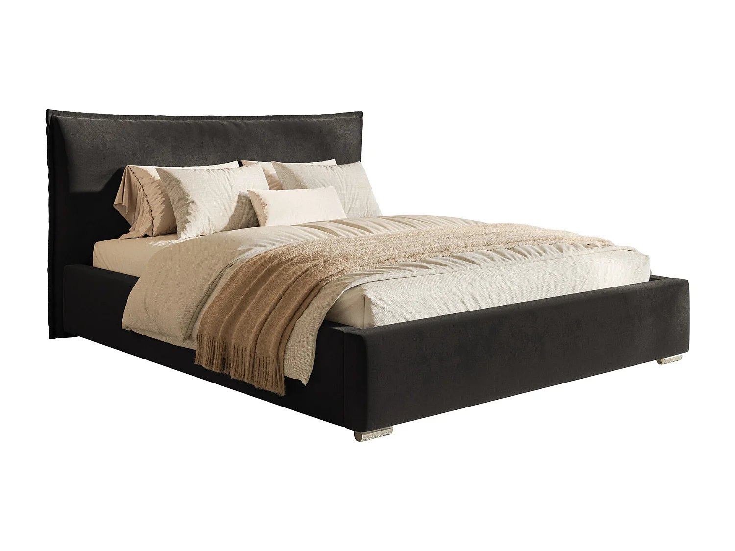 Doppelbett 180x200 Zenito mit Bettkasten - Samtstoff, Kissen-Kopfteil - Schwarz (Amor Velvet 4322)