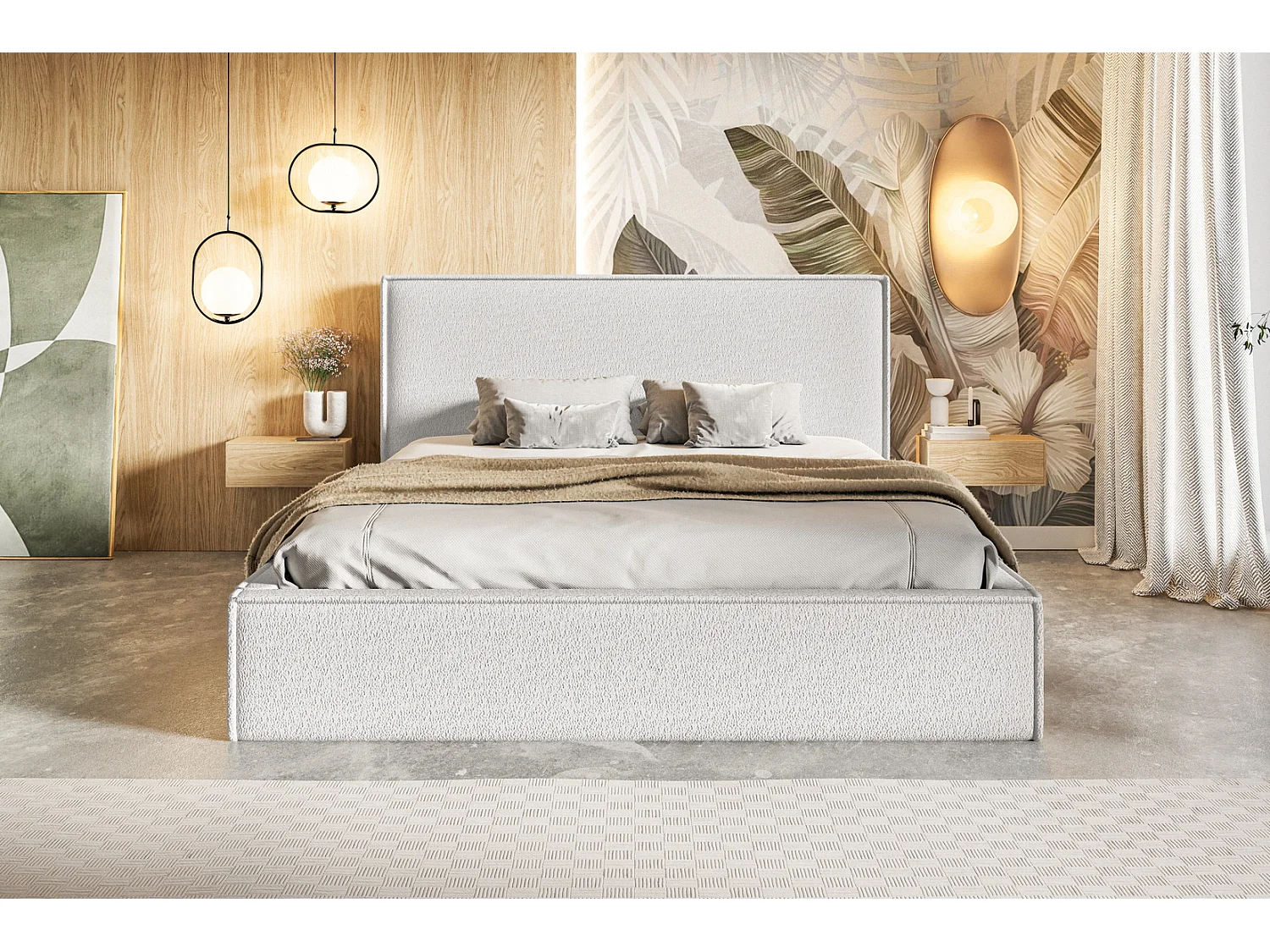 Gestoffeerd bed 180x200 Kyoto - tweepersoonsbed met opbergruimte, metalen lattenbodem - Bouclé Crème (Anthology 1)