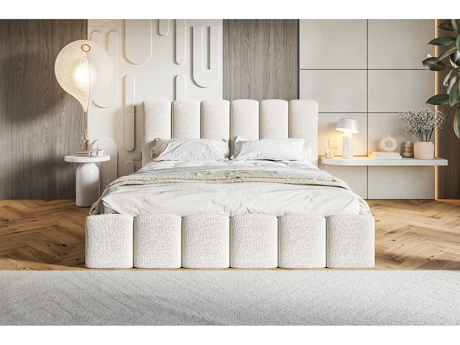 Gestoffeerd bed 180x200 Palermo met metalen lattenbodem - opbergruimte, Bouclé Crème (Anthology 1)