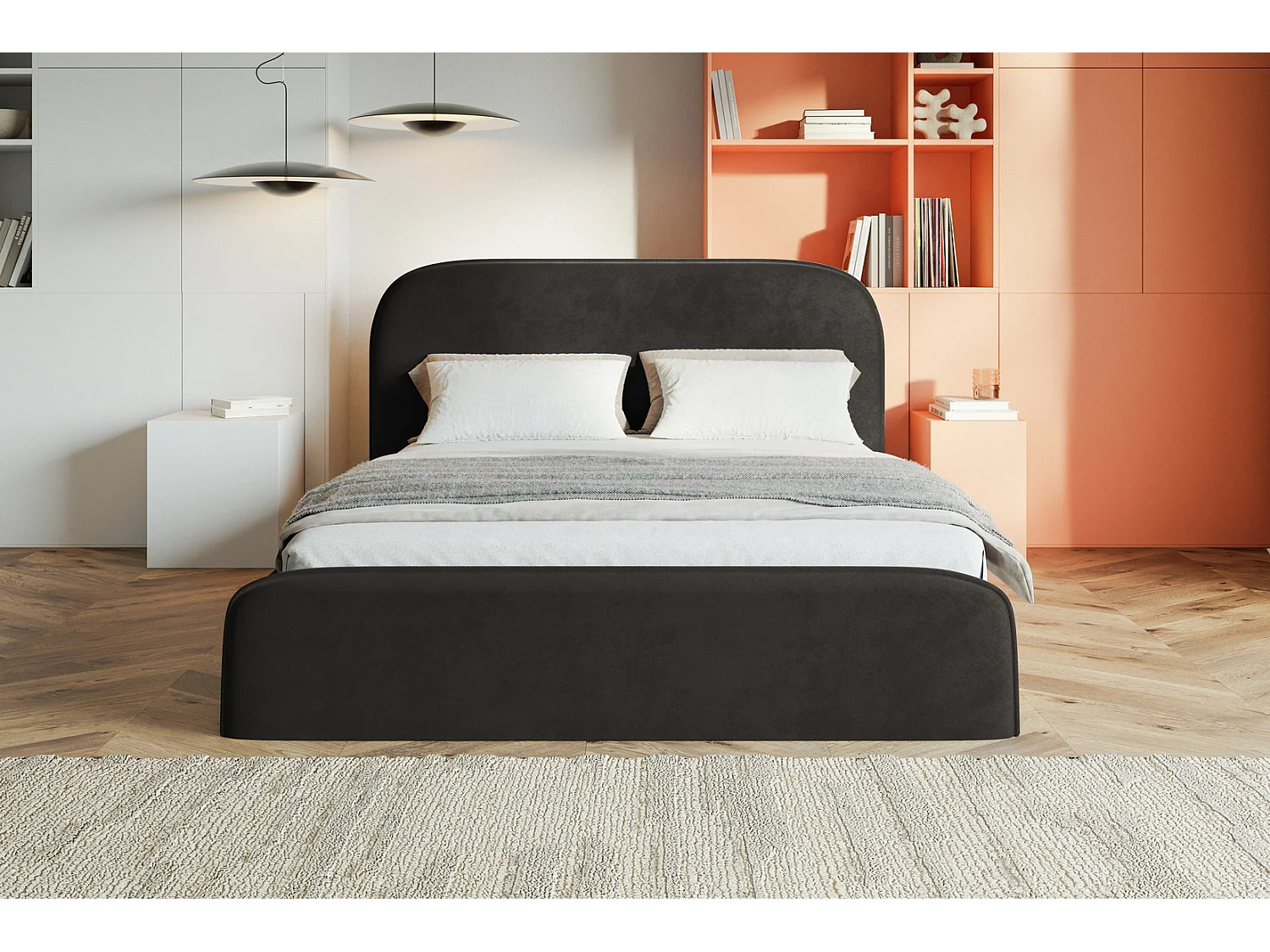 Tweepersoonsbed 200x200 Wendra met metalen lattenbodem - hoofdbord, opbergruimte - Zwart (Amor Velvet 4322)