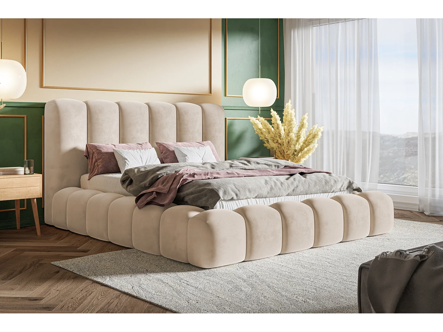 Doppelbett 140x200 Madeno mit Bettkasten - hochwertigem Schaumstoff, Lattenrost - Samtstoff, Beige (Amor Velvet 4304)