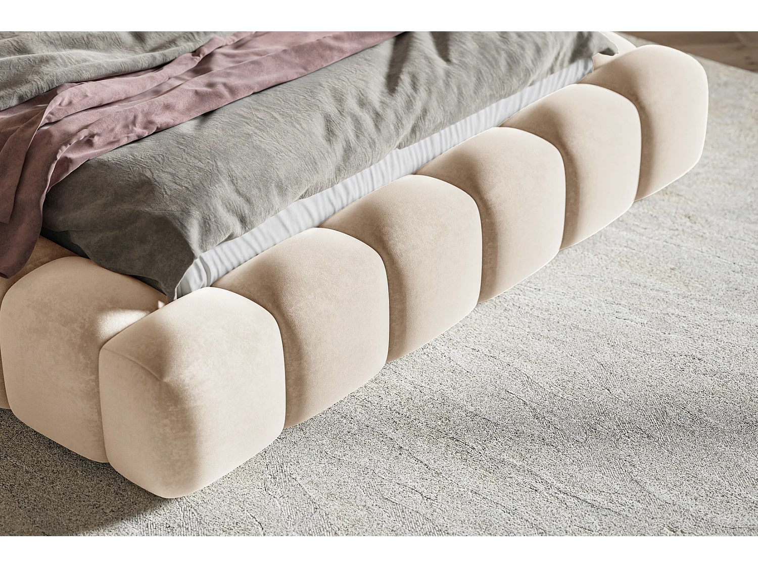 Doppelbett 140x200 Madeno mit Bettkasten - hochwertigem Schaumstoff, Lattenrost - Samtstoff, Beige (Amor Velvet 4304)