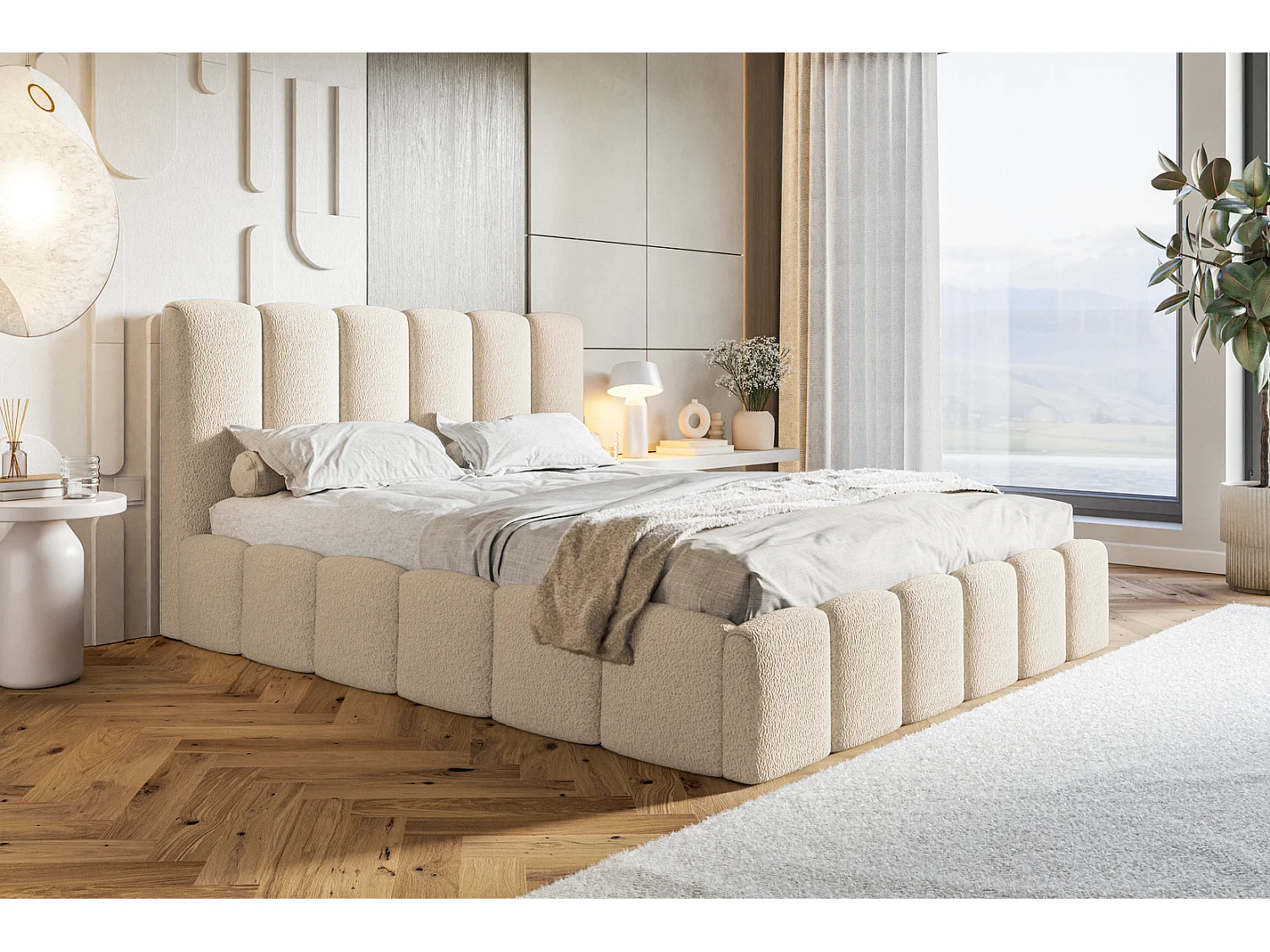 Gestoffeerd bed 160x200 Palermo met metalen lattenbodem - opbergruimte, Bouclé Beige (Anthology 3)