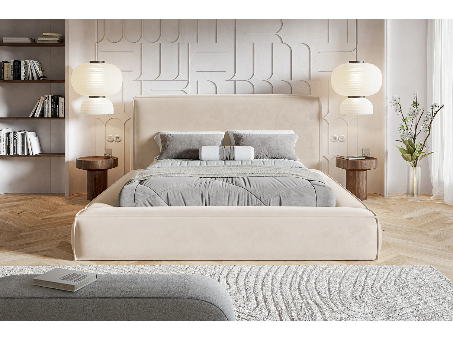 Polsterbett 140x200 Karano mit Metall-Lattenrost - Bettkasten, Samtstoff - Beige (Amor Velvet 4304)