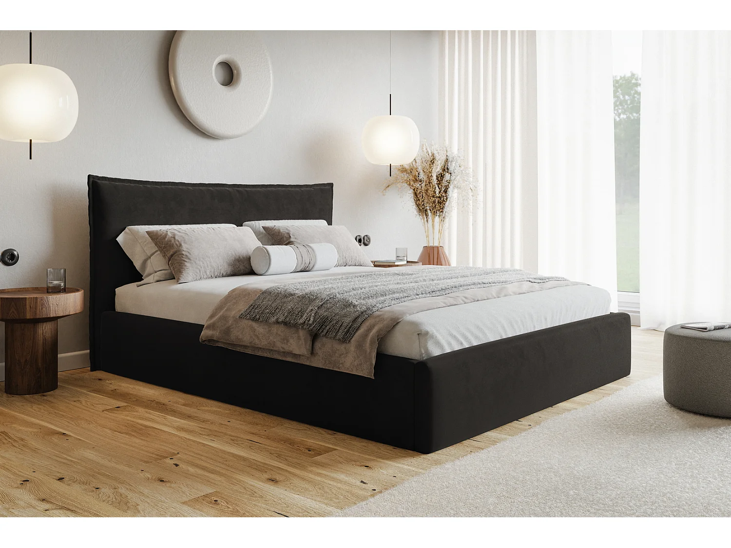 Bed 160x200 Zenito Slim met opbergruimte - hoofdbord in kussenvorm, lattenbodem - Zwart (Amor Velvet 4322)