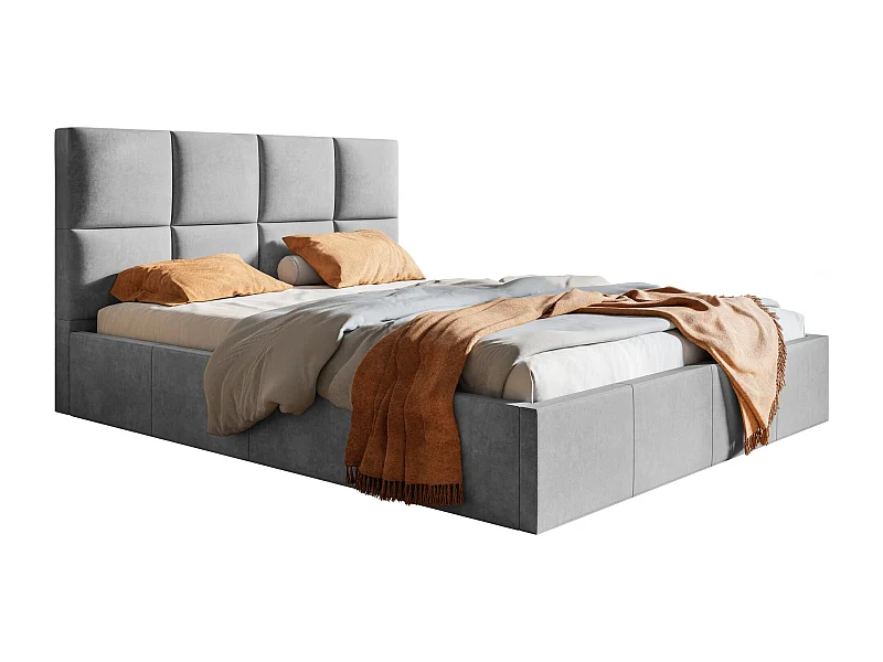 Lit rembourré 200x200 Fado avec sommier métallique - Lit coffre, Tissu velours - Gris clair (Jasmine 90)