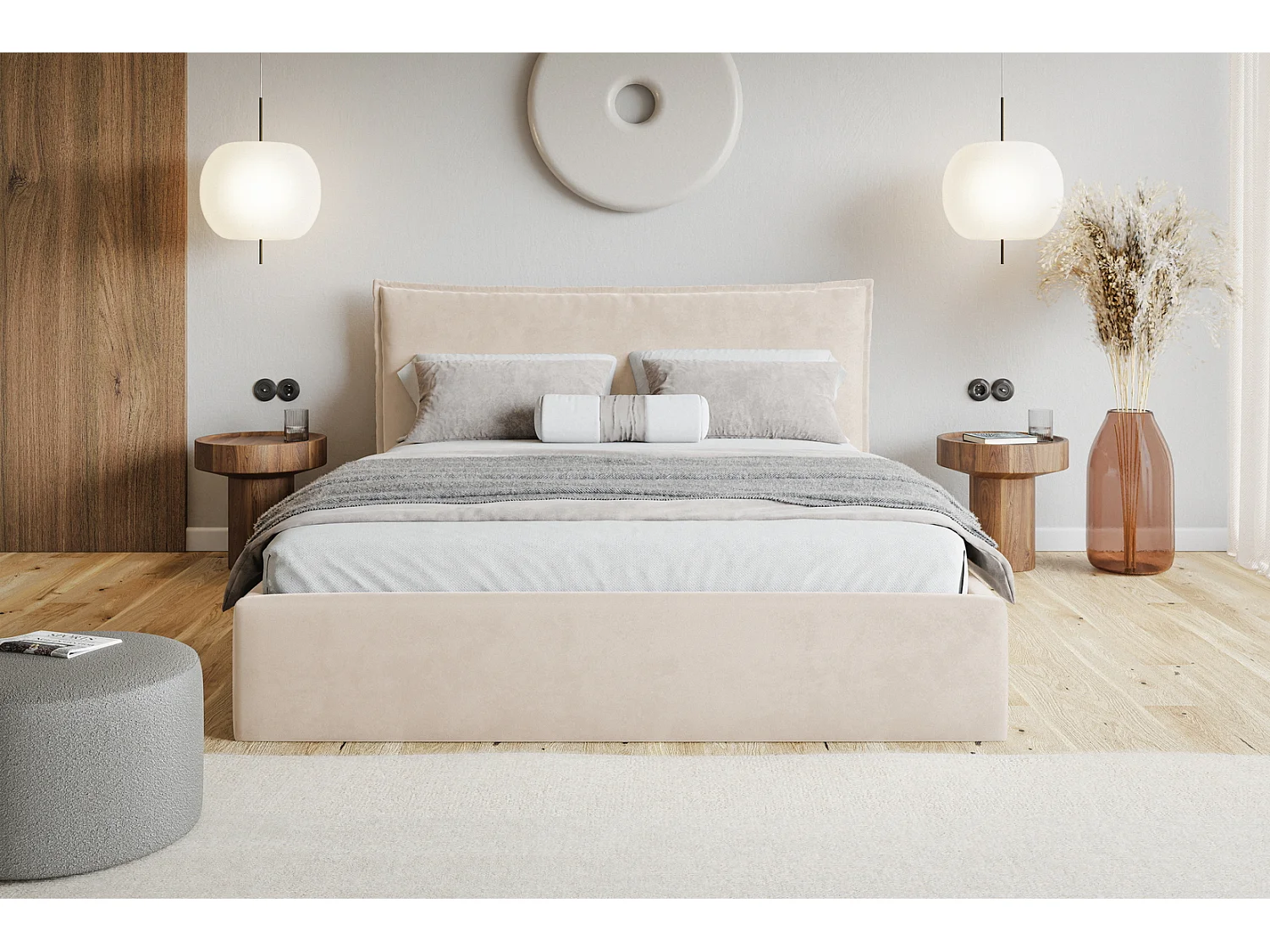 Bed 180x200 Zenito Slim met opbergruimte - hoofdbord in kussenvorm, lattenbodem - Beige (Amor Velvet 4304)