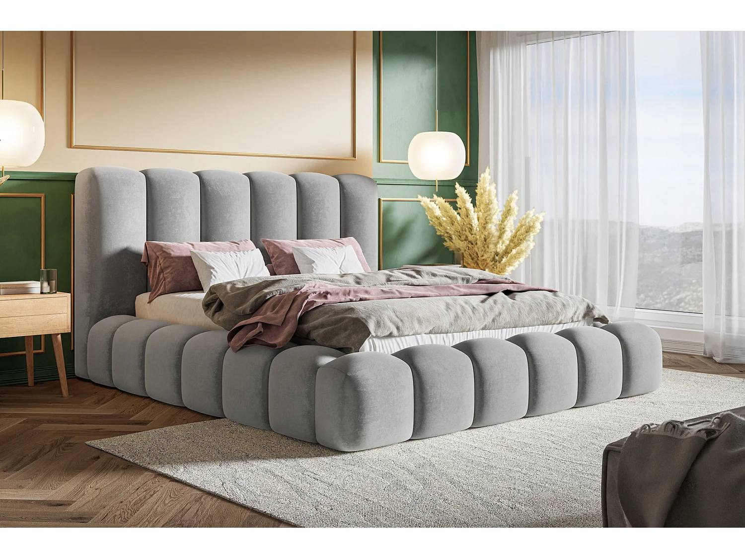 Doppelbett 180x200 Madeno mit Bettkasten - hochwertigem Schaumstoff, Lattenrost - Samtstoff, Hellgrau (Amor Velvet 4318)