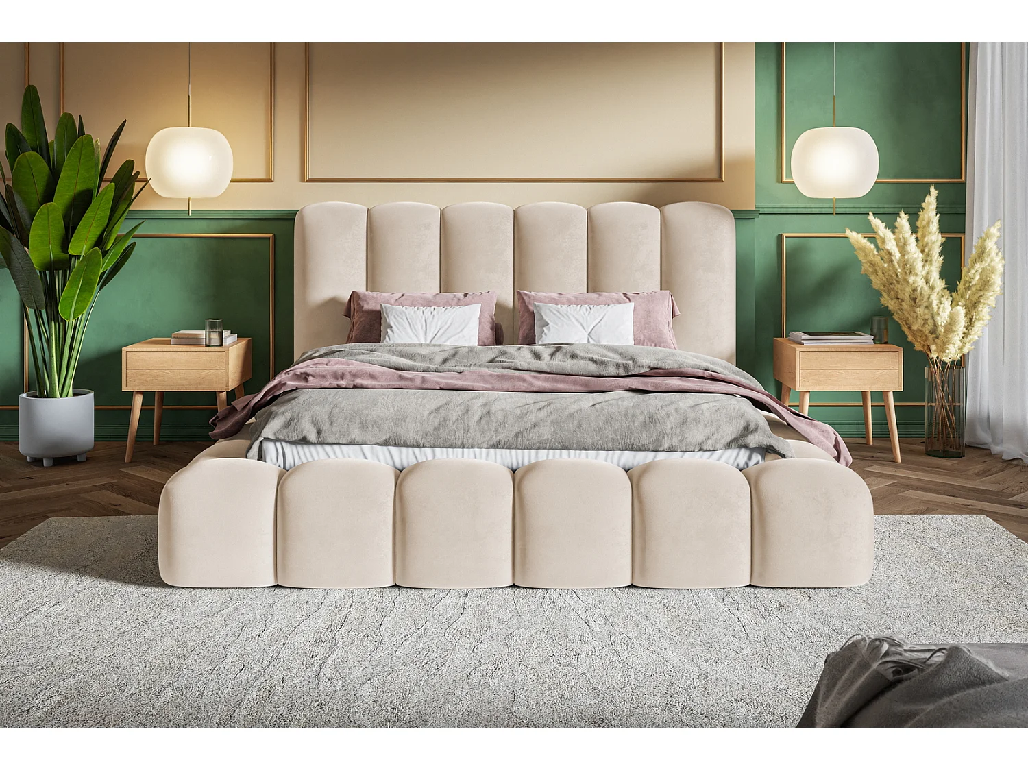 Gestoffeerd bed 160x200 Madeno - lattenbodem, opbergruimte - fluweel, Beige (Amor Velvet 4304)