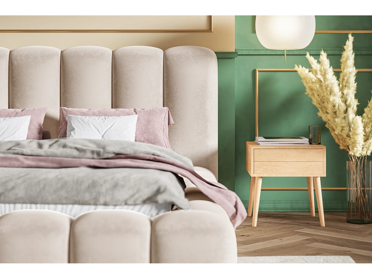 Gestoffeerd bed 160x200 Madeno - lattenbodem, opbergruimte - fluweel, Beige (Amor Velvet 4304)