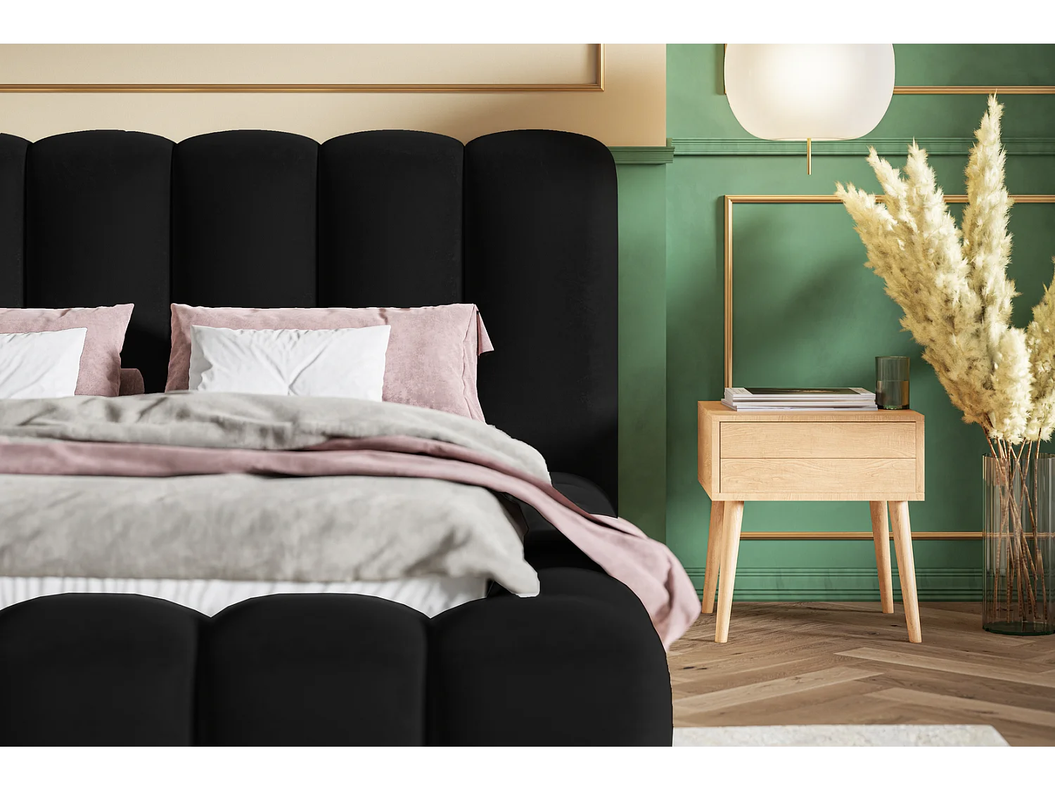 Gestoffeerd bed 140x200 Madeno - lattenbodem, opbergruimte - fluweel, Zwart (Amor Velvet 4322)