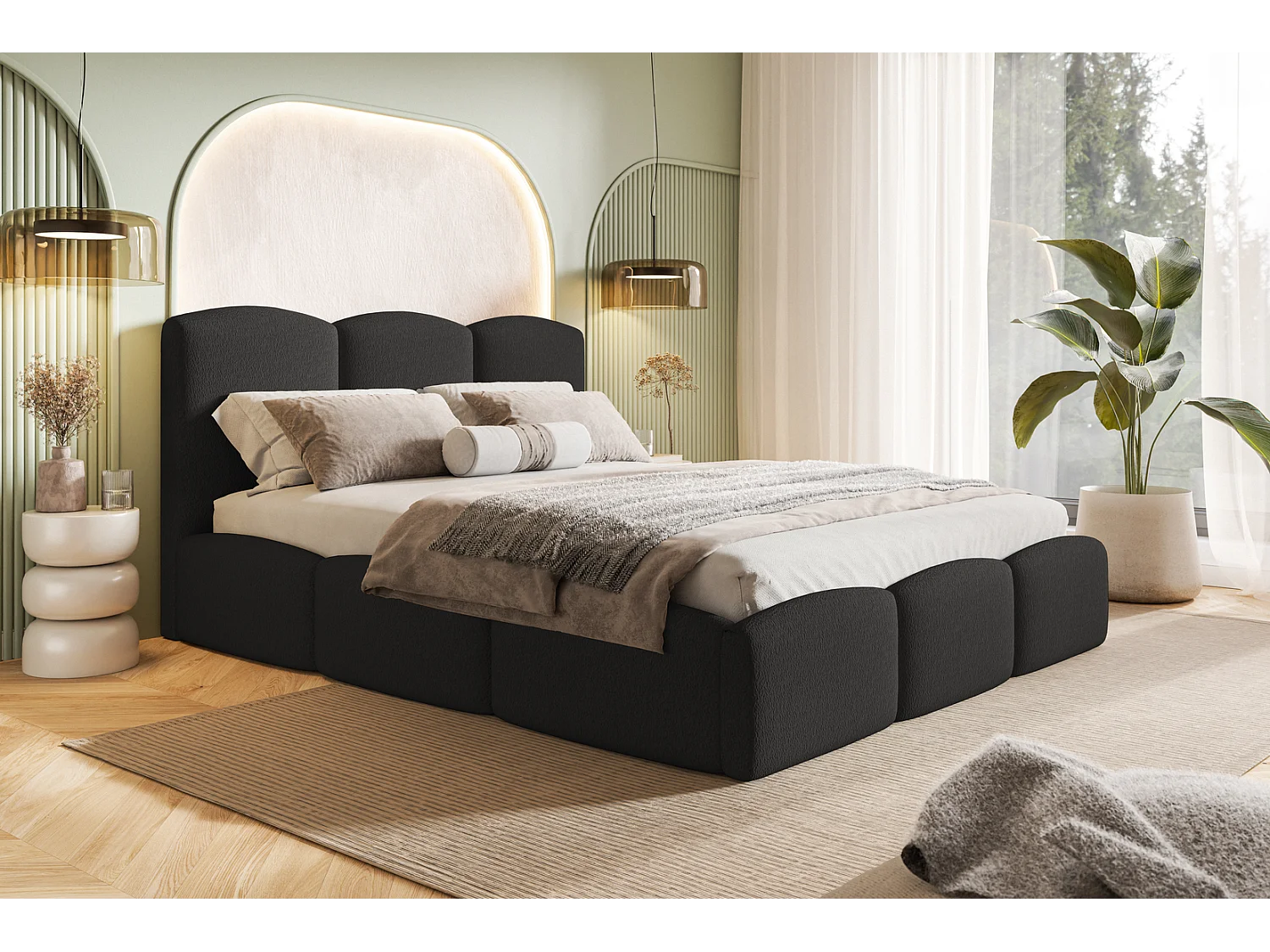 Tweepersoonsbed 160x200 Roma Slim - bed met opbergruimte, metalen lattenbodem - Bouclé Zwart (Anthology 19)