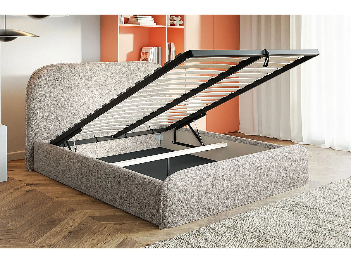 Tweepersoonsbed 160x200 Wendra met metalen lattenbodem - hoofdbord, opbergruimte - Donkergrijs (Amor Velvet 4321)