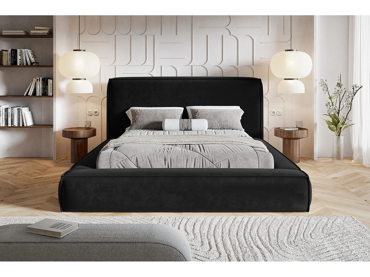 Gestoffeerd bed 160x200 Karano - fluweel, bed met opbergruimte, lattenbodem, Zwart (Amor Velvet 4322)