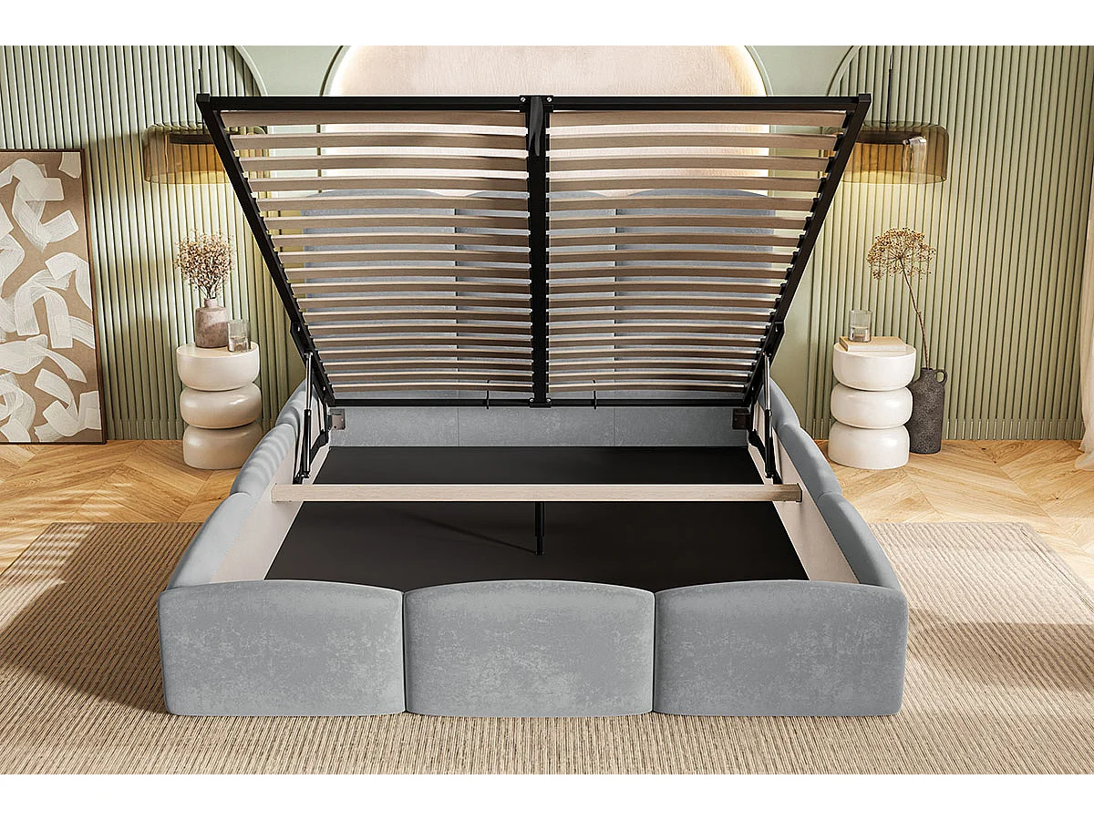 Polsterbett 180x200 Roma Slim mit Metall-Lattenrost - Bettkasten, Bouclé stoff, dickem Schaumstoff(Beige - Anthology 3)