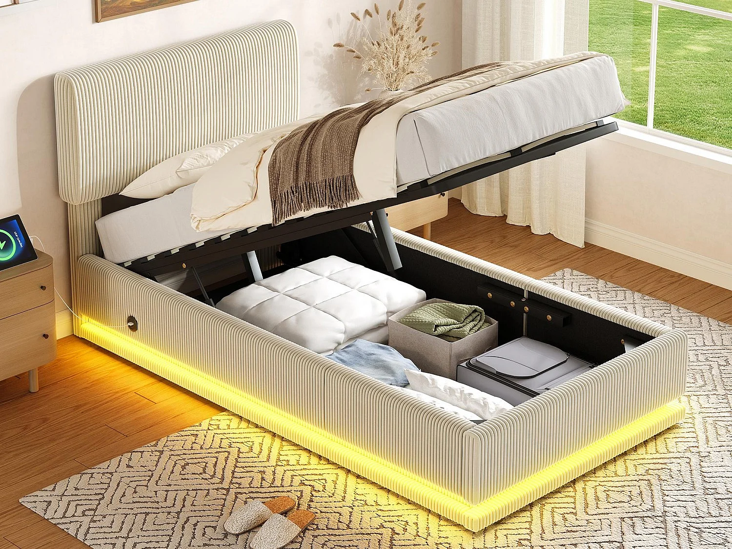 LUMA - Lit Coffre Rembourré 90x200 cm - Tête Réglable, LED, USB-C, Rangement - Velours Côtelé - Idéal Chambre à Coucher