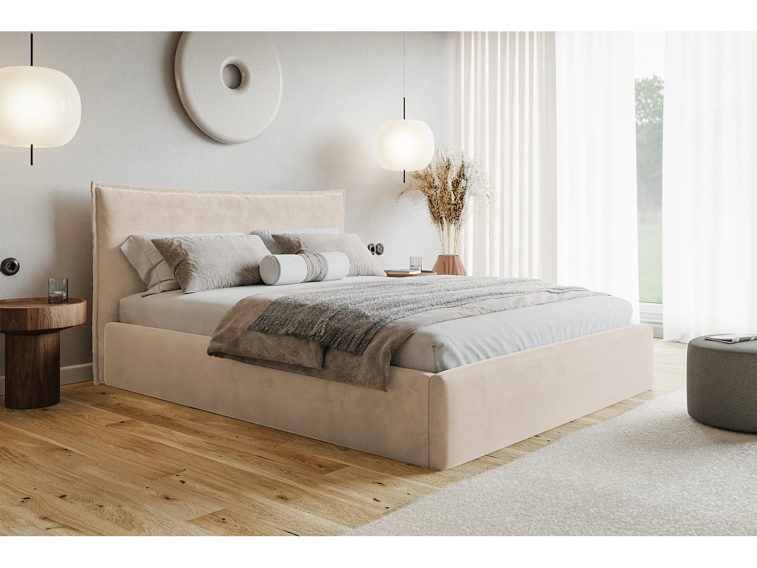 Bed 160x200 Zenito Slim met opbergruimte - hoofdbord in kussenvorm, lattenbodem - Beige (Amor Velvet 4304)