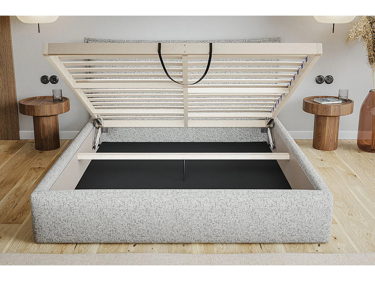 Bed 160x200 Zenito Slim met opbergruimte - hoofdbord in kussenvorm, lattenbodem - Beige (Amor Velvet 4304)