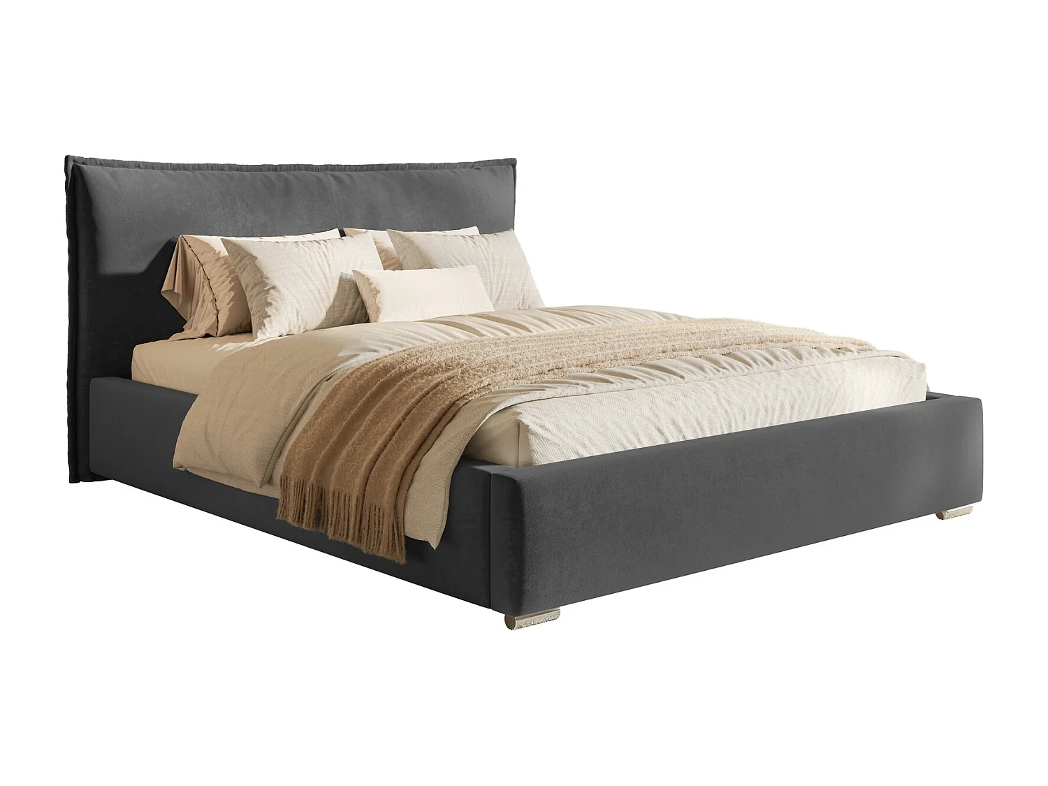 Tweepersoonsbed 160x200 Zenito met opbergruimte - hoofdbord in kussenvorm - Donkergrijs (Amor Velvet 4321)