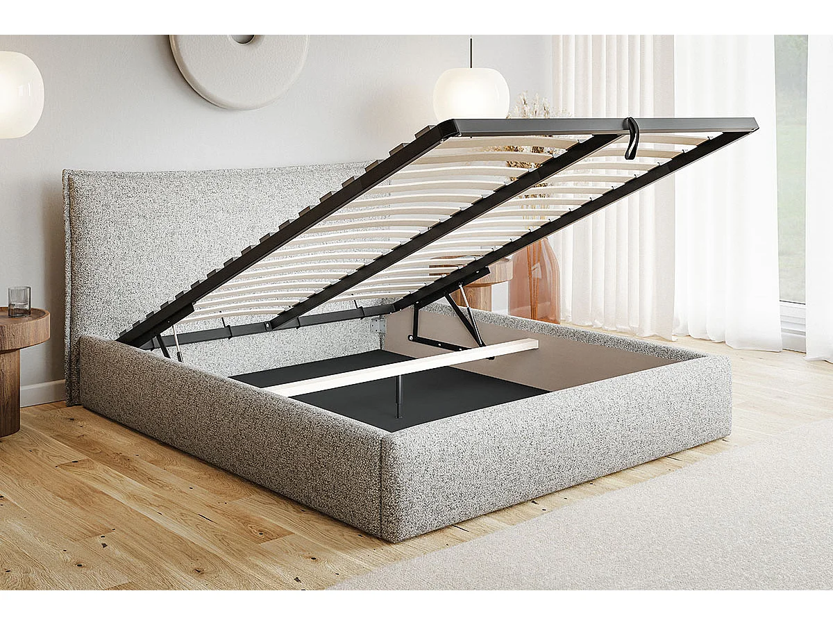 Bed 200x200 Zenito Slim met opbergruimte - hoofdbord in kussenvorm, metalen lattenbodem - Beige (Amor Velvet 4304)