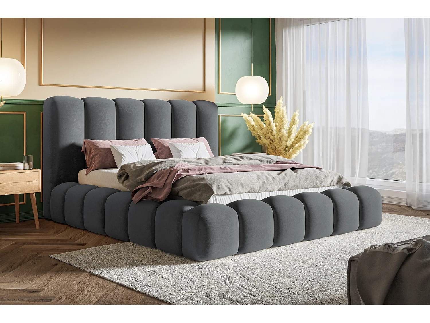 Gestoffeerd bed 160x200 Madeno - metalen lattenbodem, opbergruimte - fluweel, Donkergrijs (Amor Velvet 4321)