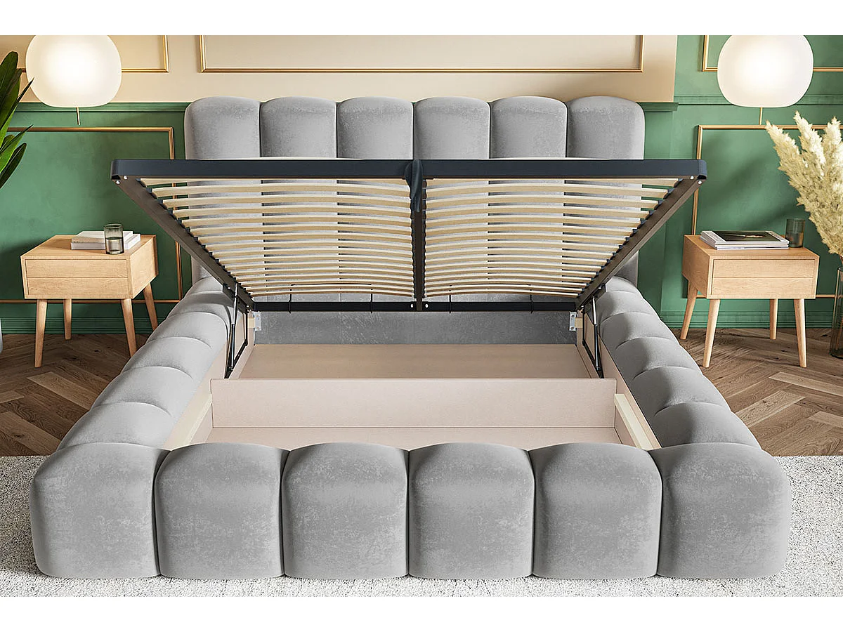 Gestoffeerd bed 160x200 Madeno - metalen lattenbodem, opbergruimte - fluweel, Donkergrijs (Amor Velvet 4321)