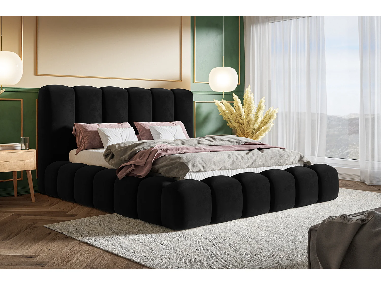 Gestoffeerd bed 140x200 Madeno - metalen lattenbodem, opbergruimte - fluweel, Zwart (Amor Velvet 4322)