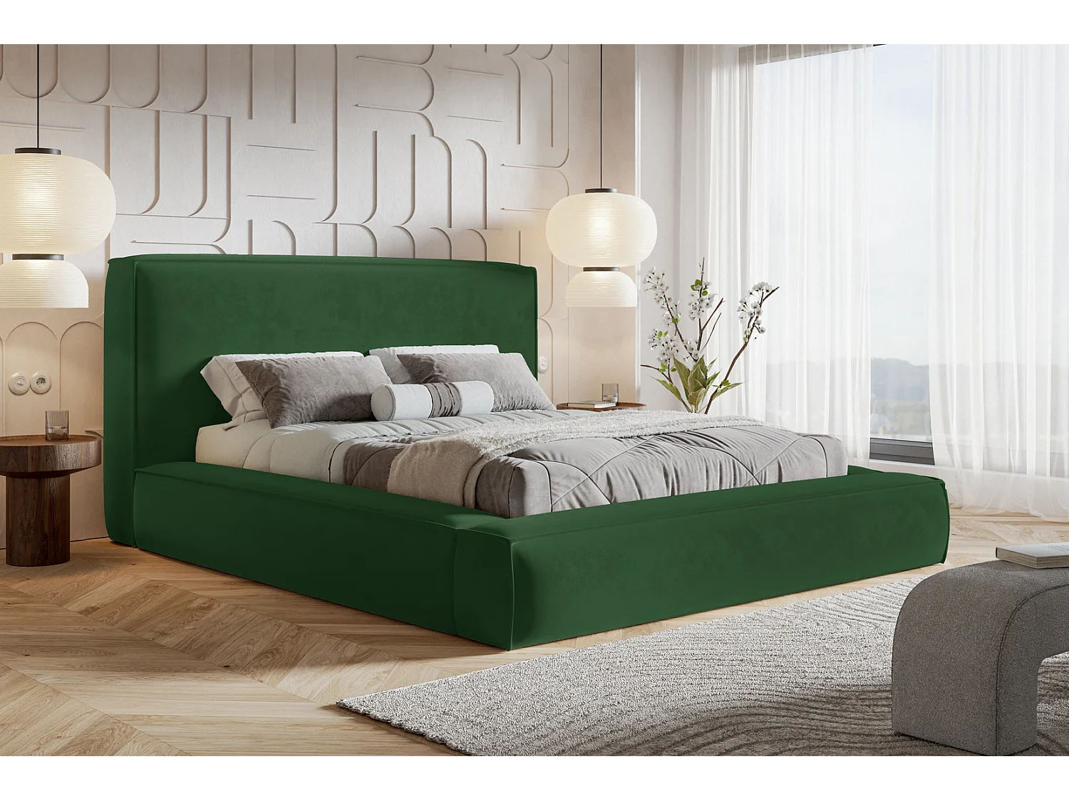 Gestoffeerd bed 180x200 Karano - fluweel, bed met opbergruimte, lattenbodem, Groen (Amor Velvet 4311)