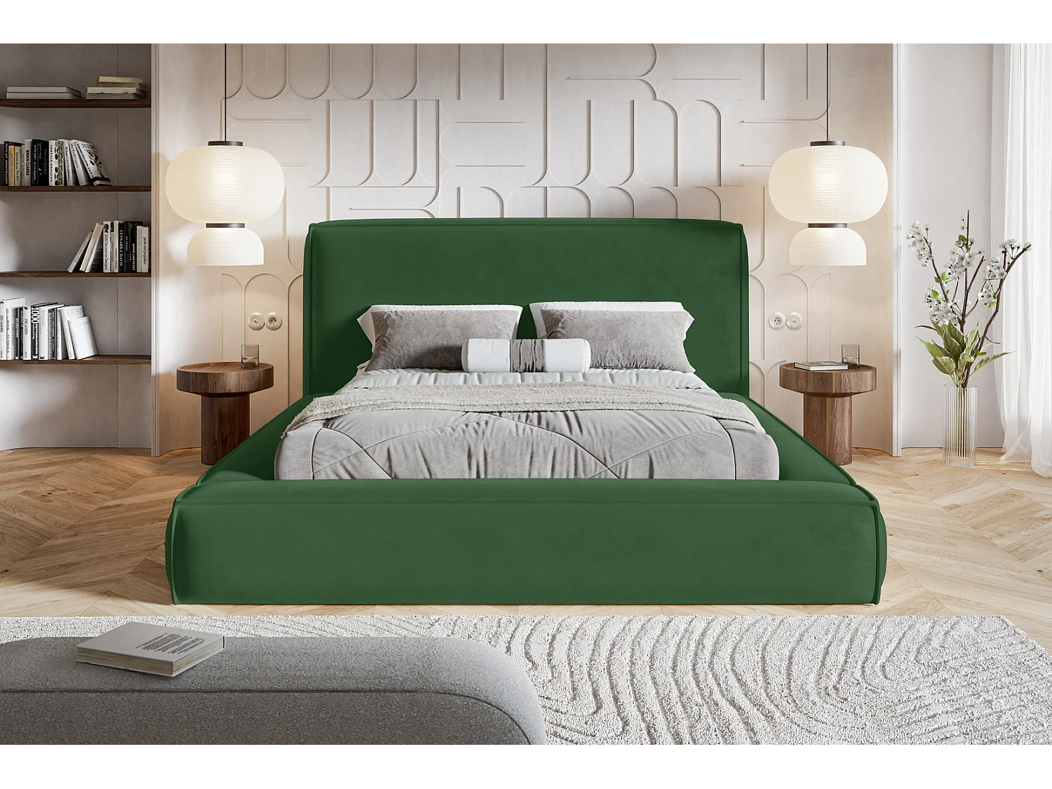 Gestoffeerd bed 180x200 Karano - fluweel, bed met opbergruimte, lattenbodem, Groen (Amor Velvet 4311)