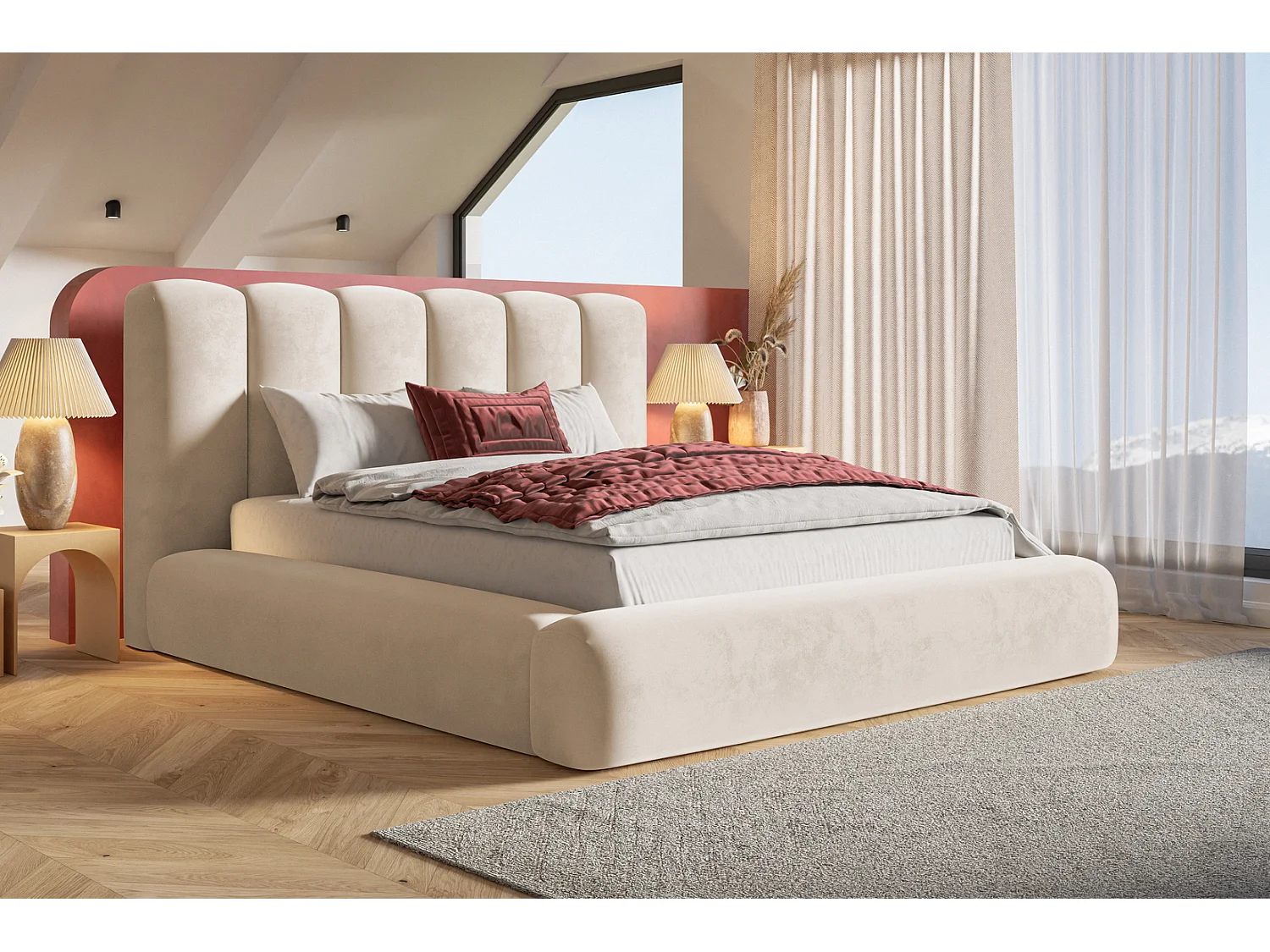 Gestoffeerd bed 160x200 Lumaro met opbergruimte - lattenbodem, Beige (Amor Velvet 4304)