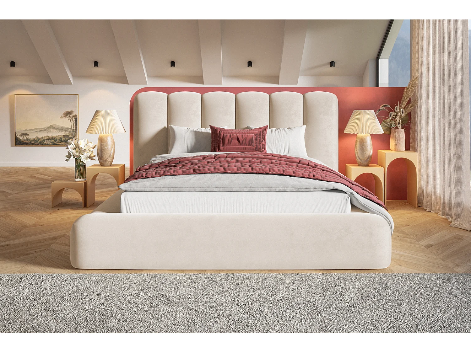 Gestoffeerd bed 160x200 Lumaro met opbergruimte - lattenbodem, Beige (Amor Velvet 4304)