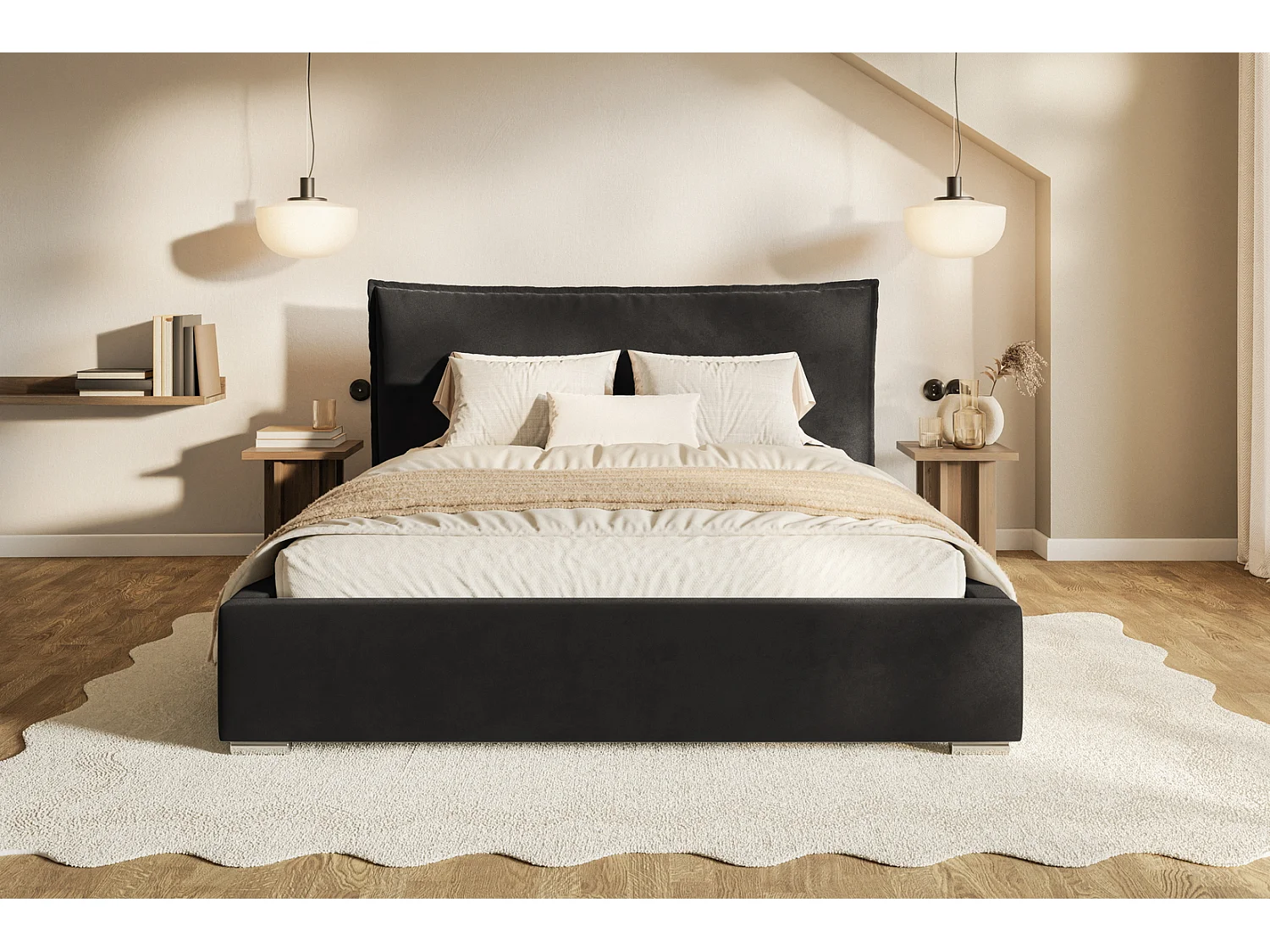 Tweepersoonsbed 140x200 Zenito met opbergruimte - hoofdbord in kussenvorm - Zwart (Amor Velvet 4322)