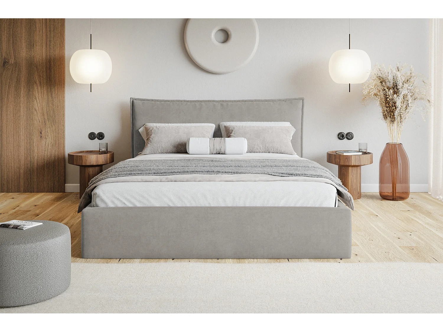 Doppelbett 180x200 Zenito Slim - Bettkasten, Kissen-Kopfteil, Lattenrost - Hellgrau (Amor Velvet 4318)