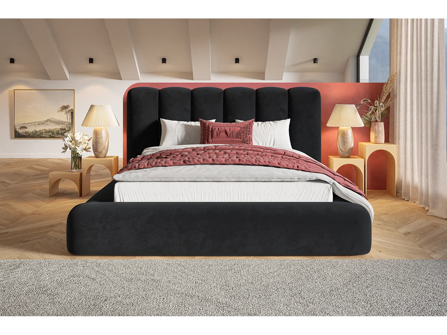 Gestoffeerd bed 160x200 Lumaro met opbergruimte - lattenbodem, Zwart (Amor Velvet 4322)