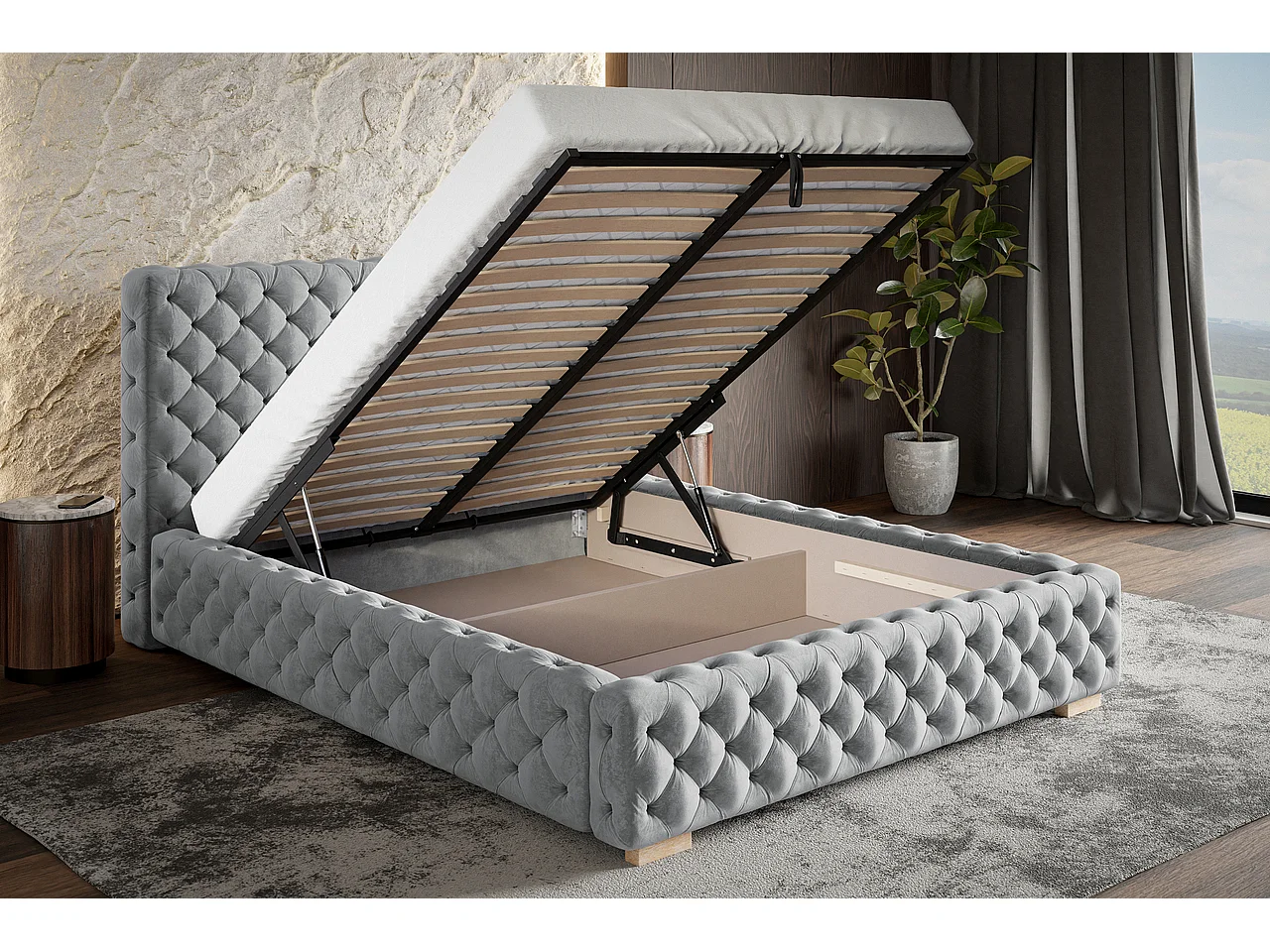 Lit coffre 160x200 Adonis - tete de Lit, sommier métallique - velours Noir (Amor Velvet 4322)