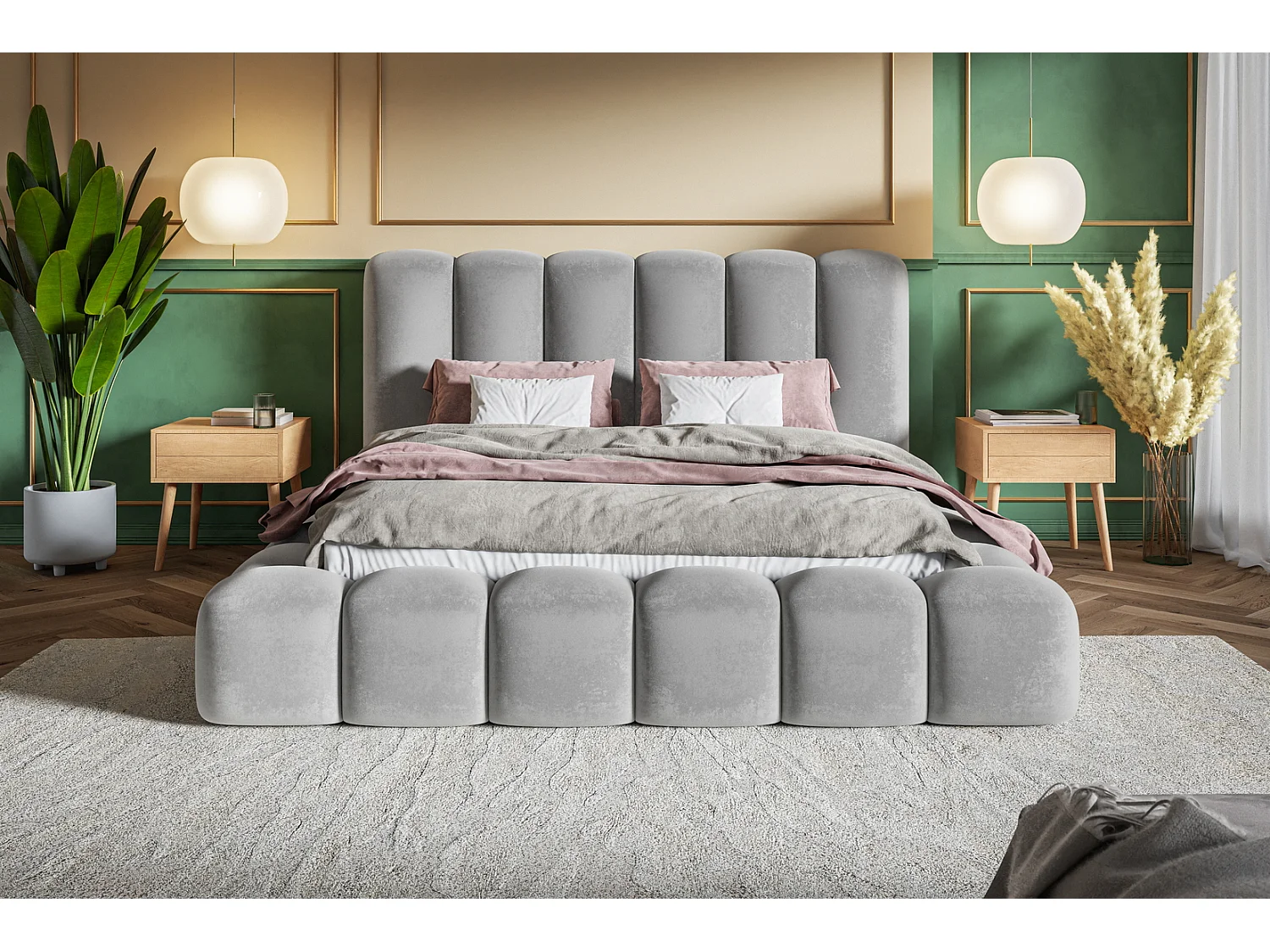 Doppelbett 160x200 Madeno mit Bettkasten - hochwertigem Schaumstoff, Metall-Lattenrost - Samtstoff, Hellgrau (Amor Velvet 4318)