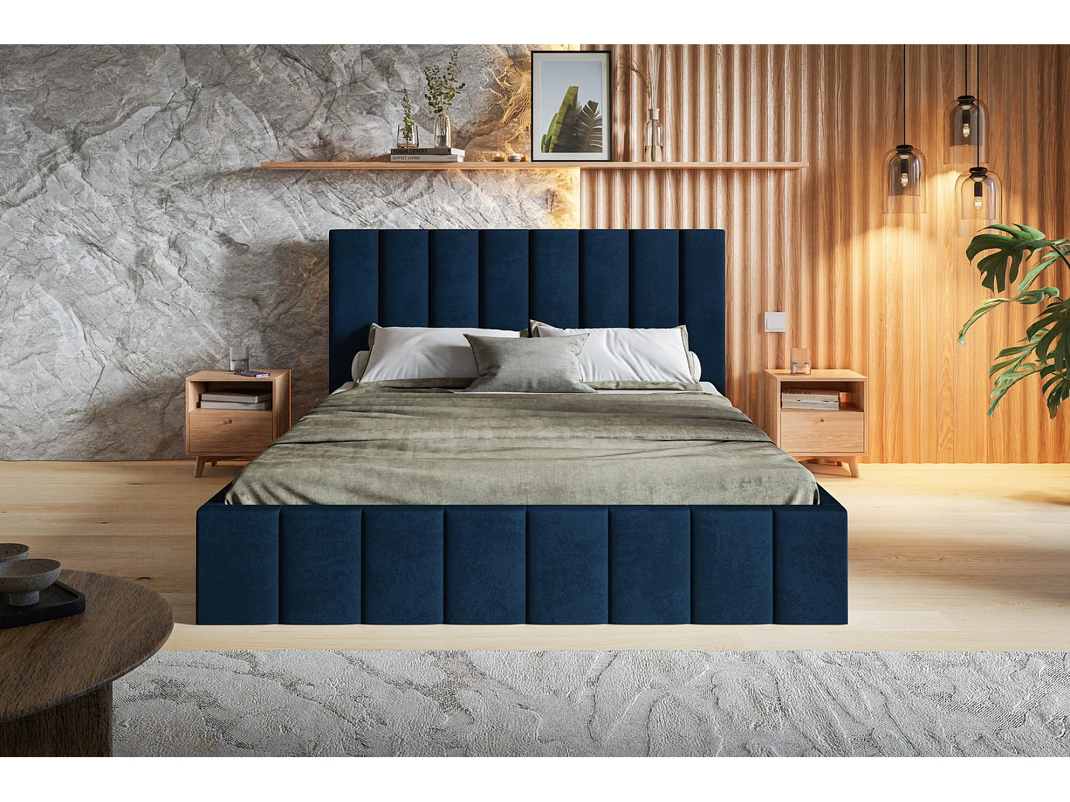 Tweepersoonsbed 160 x 200 cm Moris - bed met opbergruimte,  metalen lattenbodem - fluweel Blauw (Kronos 09)