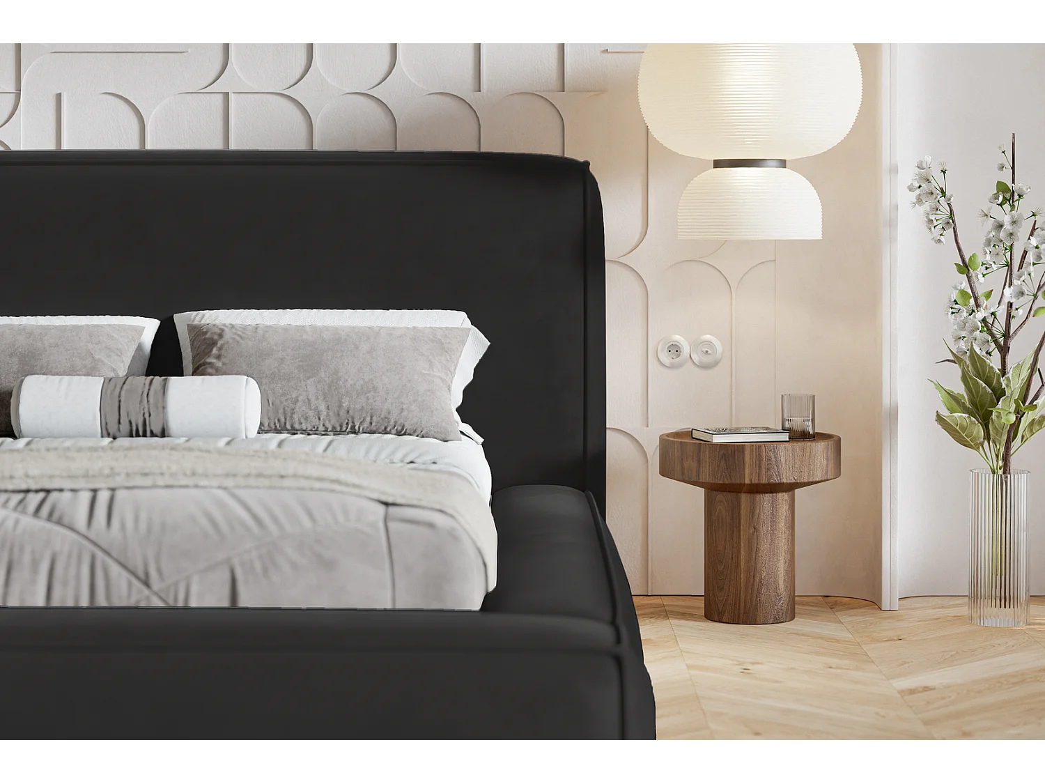 Polsterbett 140x200 Karano mit Lattenrost - Bettkasten, Samtstoff - Schwarz (Amor Velvet 4322)