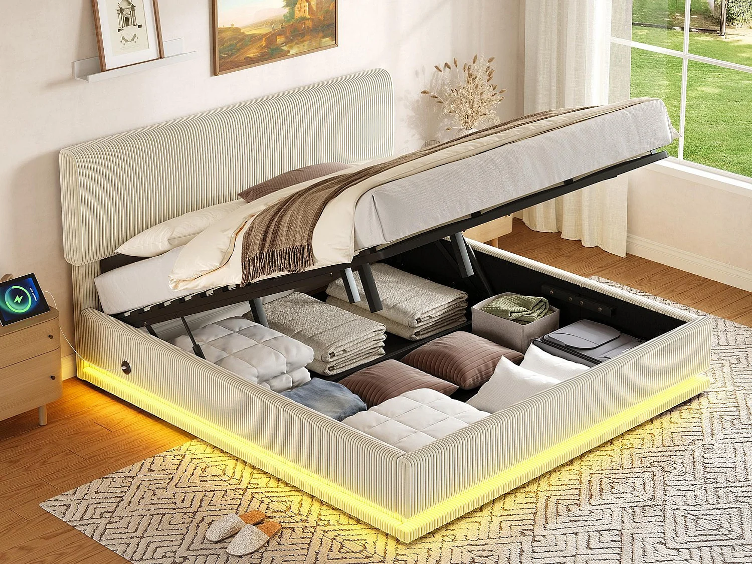 LUMA - Lit Coffre Rembourré 180x200 cm - Tête Réglable, LED, USB-C, Rangement - Velours Côtelé - Idéal Chambre à Coucher