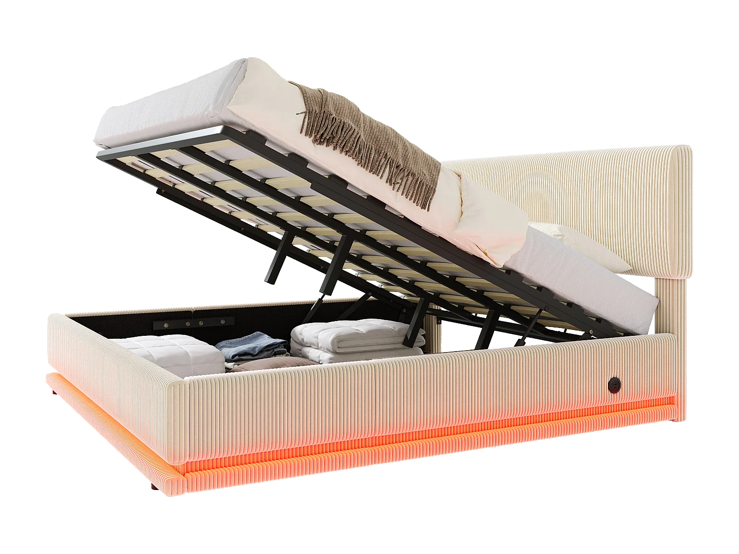 LUMA - Lit Coffre Rembourré 180x200 cm - Tête Réglable, LED, USB-C, Rangement - Velours Côtelé - Idéal Chambre à Coucher