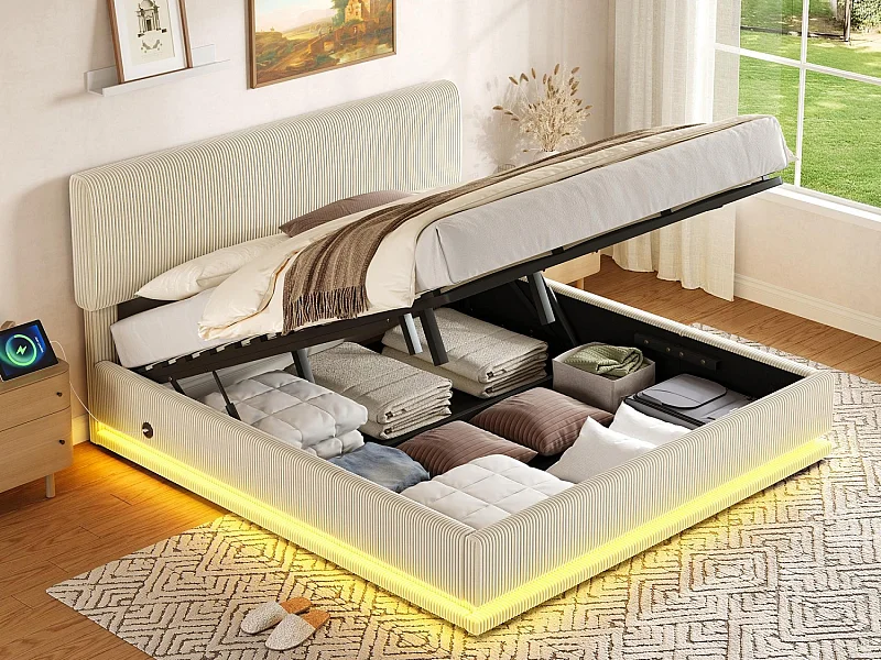 LUMA - Lit Coffre Rembourré 180x200 cm - Tête Réglable, LED, USB-C, Rangement - Velours Côtelé - Idéal Chambre à Coucher