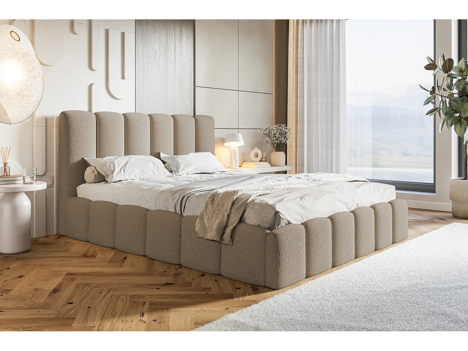 Gestoffeerd bed 160x200 Palermo met metalen lattenbodem - opbergruimte, Bouclé Bruin (Anthology 5)