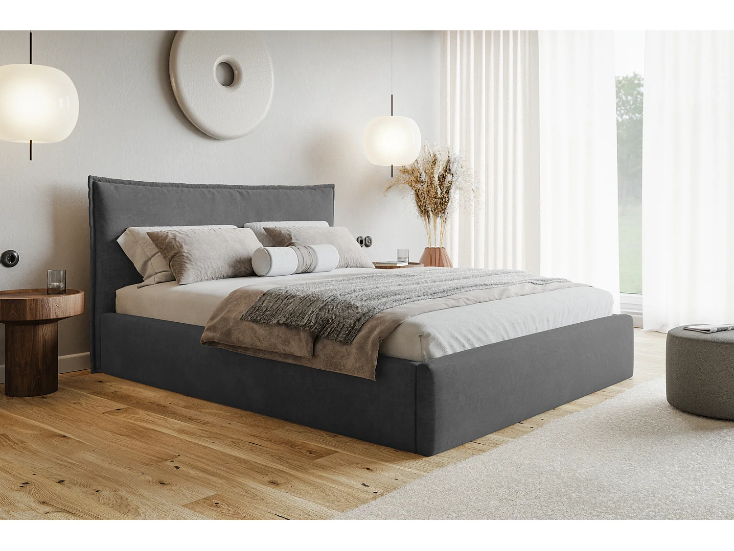 Bed 180x200 Zenito Slim met opbergruimte - hoofdbord in kussenvorm, metalen lattenbodem - Donkergrijs (Amor Velvet 4321)