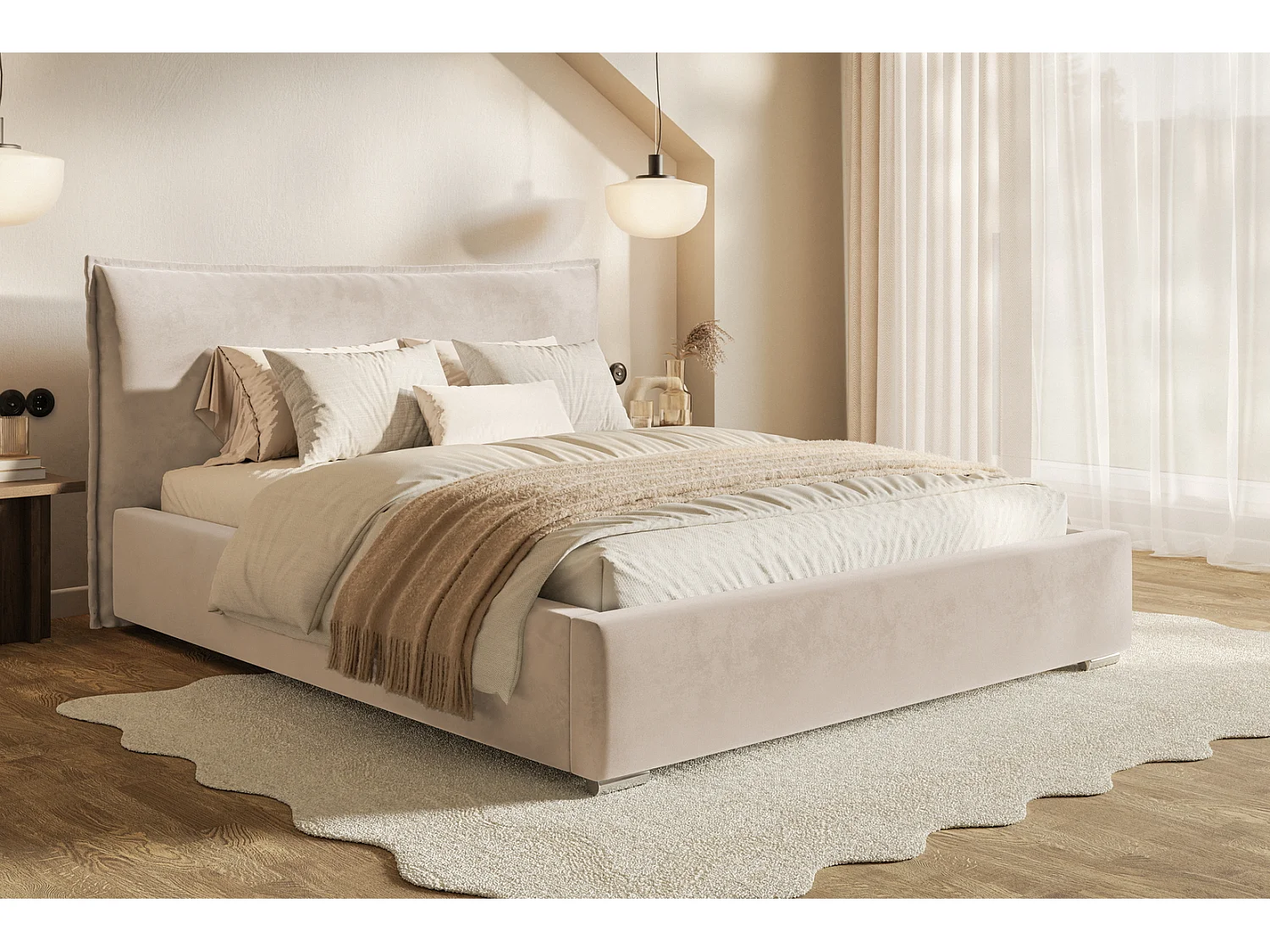 Tweepersoonsbed 160x200 Zenito met opbergruimte - hoofdbord in kussenvorm, metalen lattenbodem - Beige (Amor Velvet 4304)